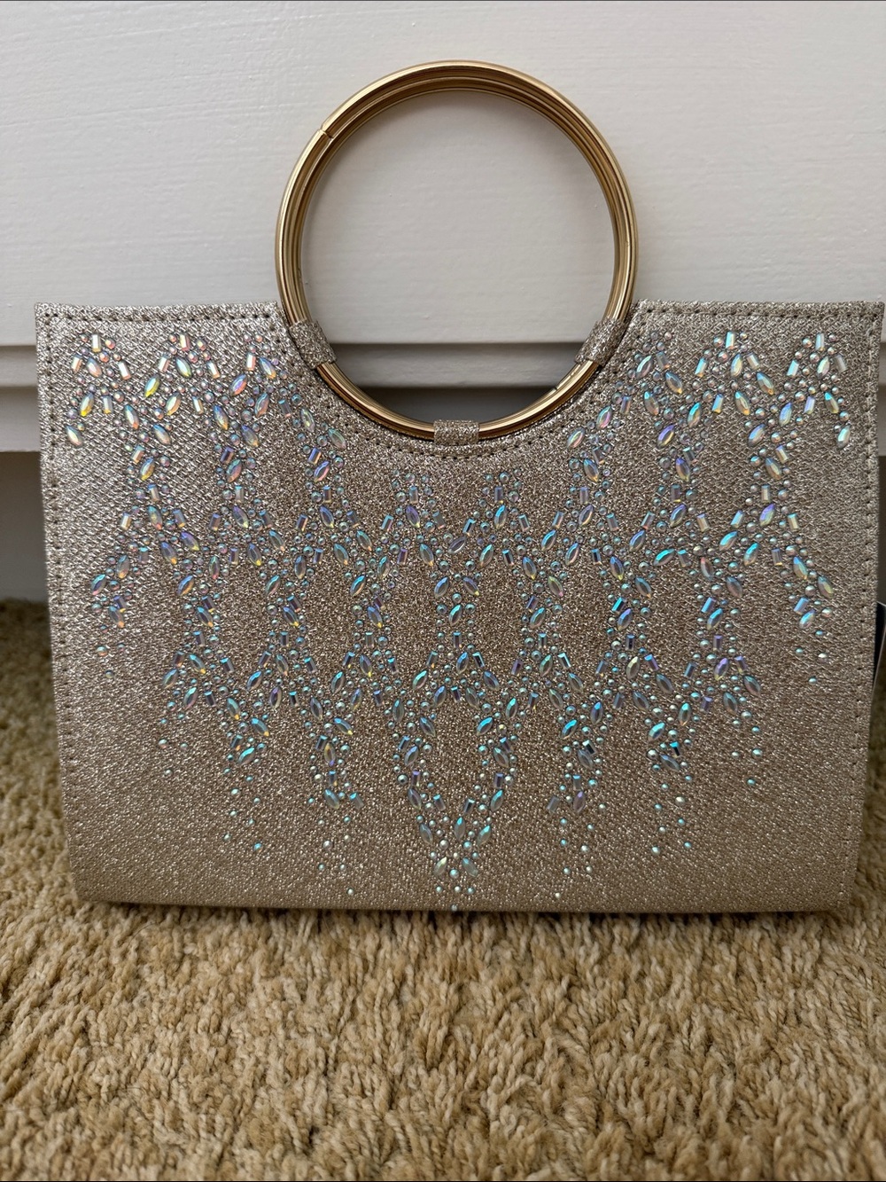 Jessica McClintock Gold Glitter Crystal-Embellished Wristlet Clutch